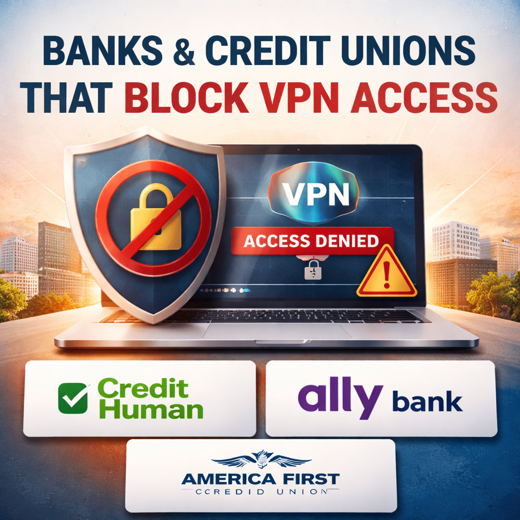 Graphic illustrating banks and credit unions blocking VPN access during online banking login attempts.