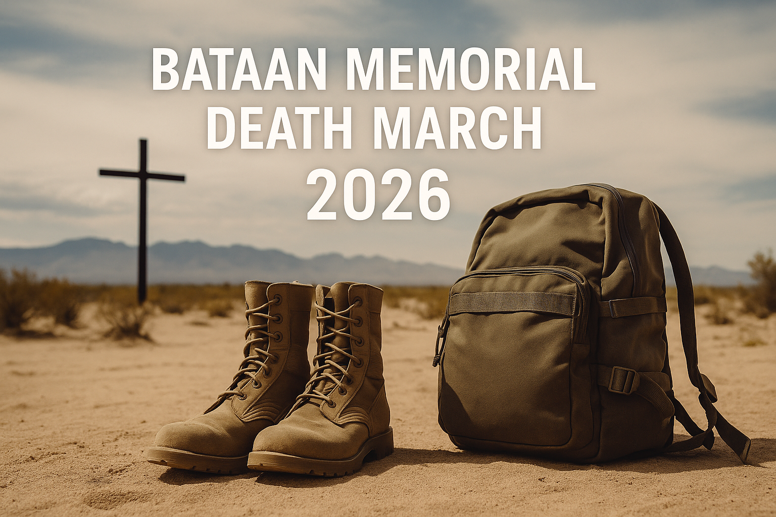Military boots and rucksack in desert landscape symbolizing preparation for the Bataan Memorial Death March 2026